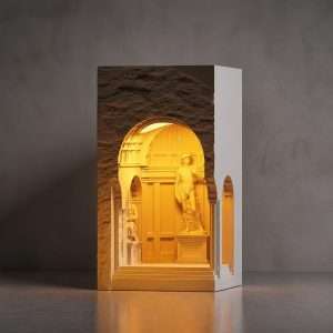 White plaster block with a lit arched niche and a full David statue inside, GODONLIF renaissance decor lamp
