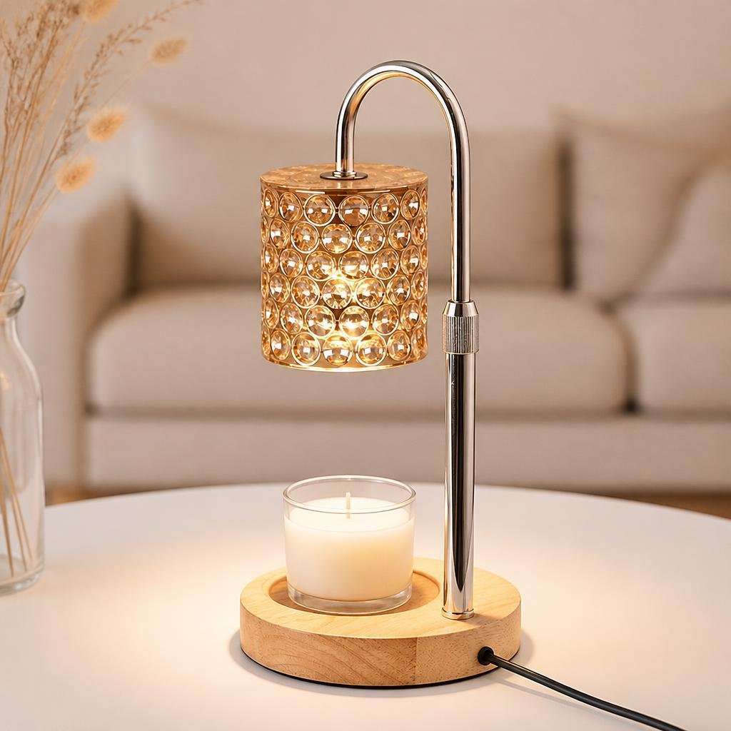 GODONLIF Round Crystal and Wood Small Candle Warmer Lamp