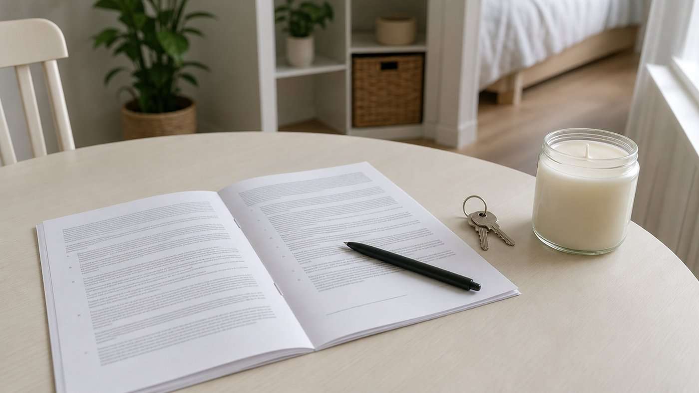 A printed apartment lease and a pen on a small dining table beside an unlit unbranded jar candle in a bright rented apartment