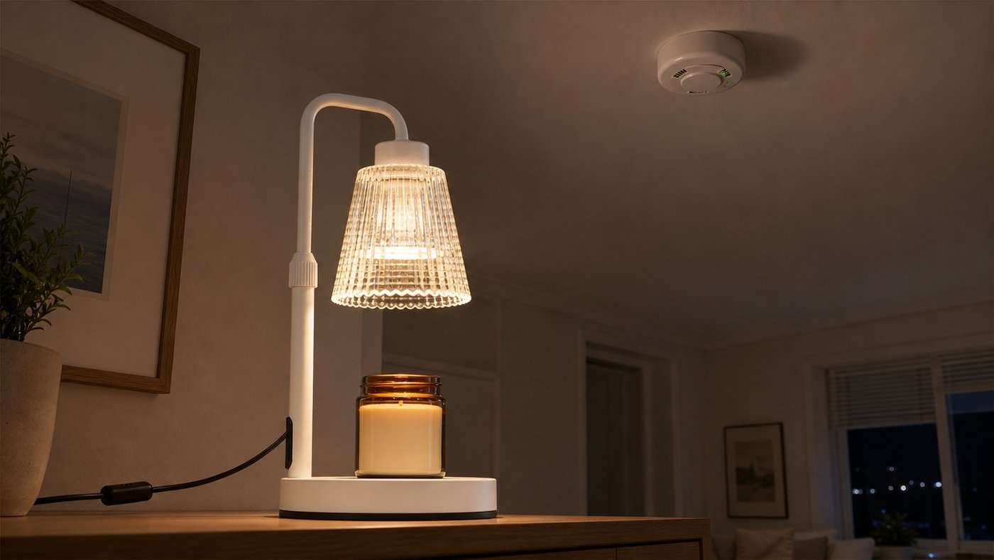 Matte white GODONLIF candle warmer lamp with a clear ribbed glass shade on a low console in a small apartment, lit over an open jar of smooth unburnt wax, with a ceiling smoke detector visible above