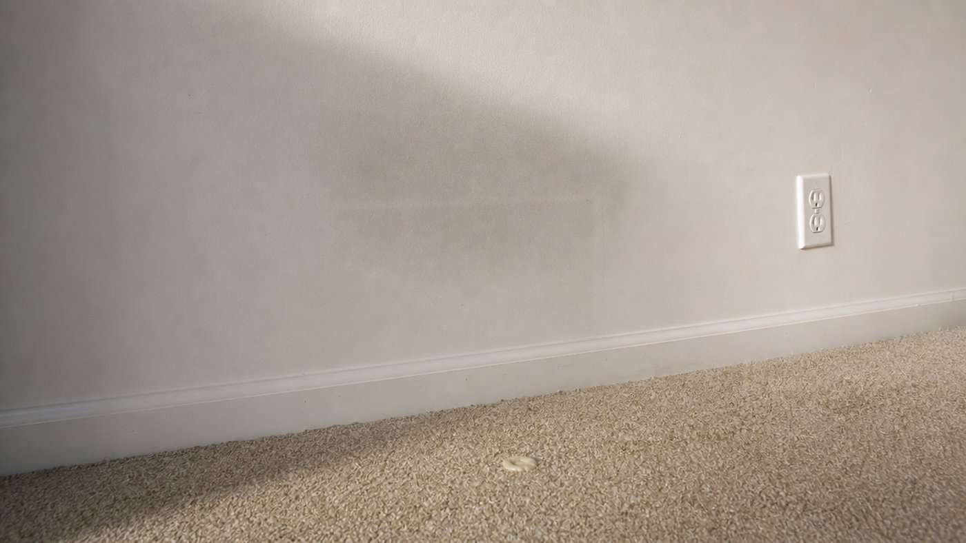 A pale rented apartment wall photographed at an angle showing a faint grey soot shadow above a shelf, with a small pale wax drip on the beige carpet below