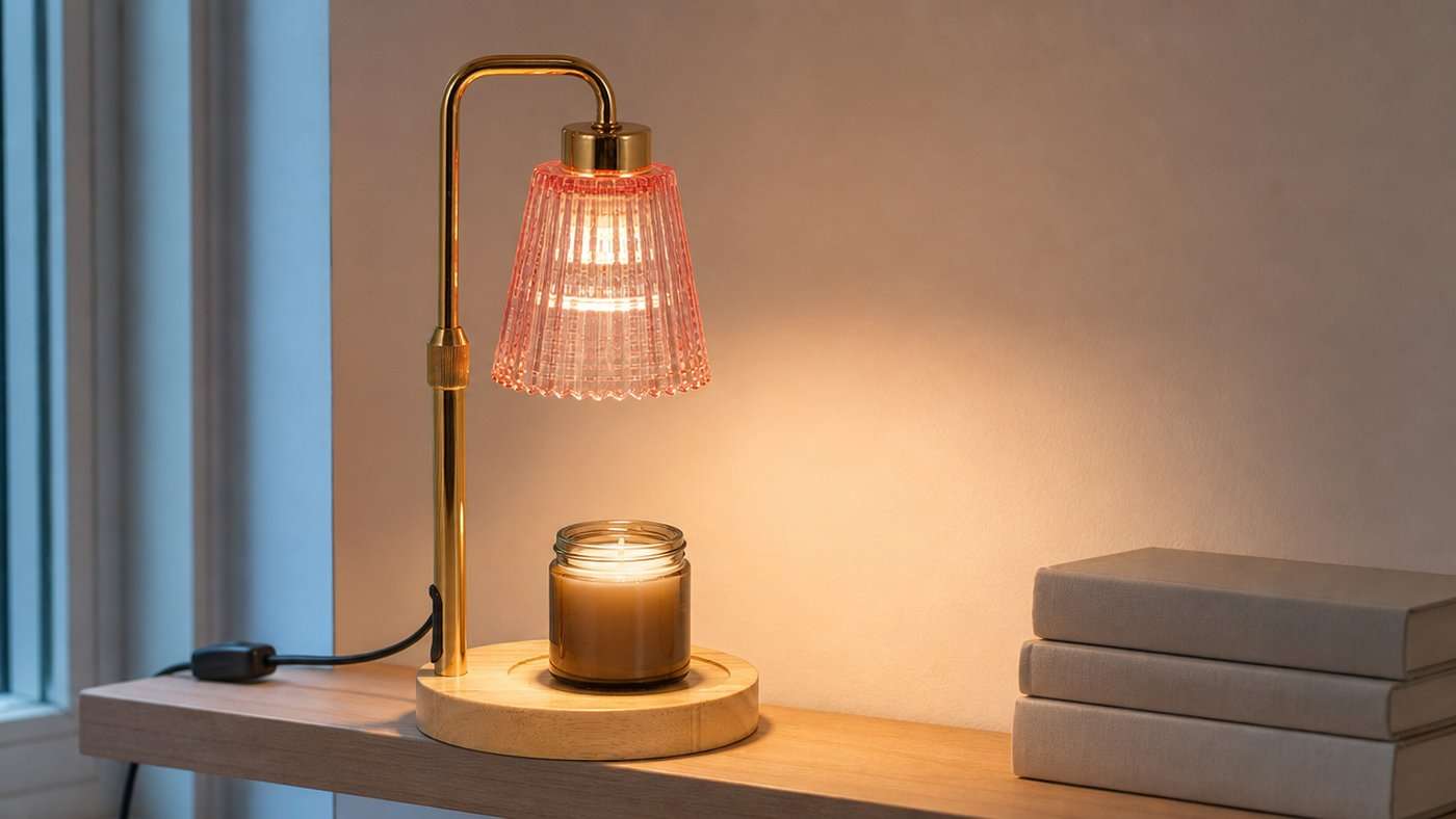 Blush pink glass GODONLIF candle warmer lamp with a gold pole and pale wood base on a narrow shelf in a small studio apartment, lit over an open jar of smooth unburnt wax beside a stack of books