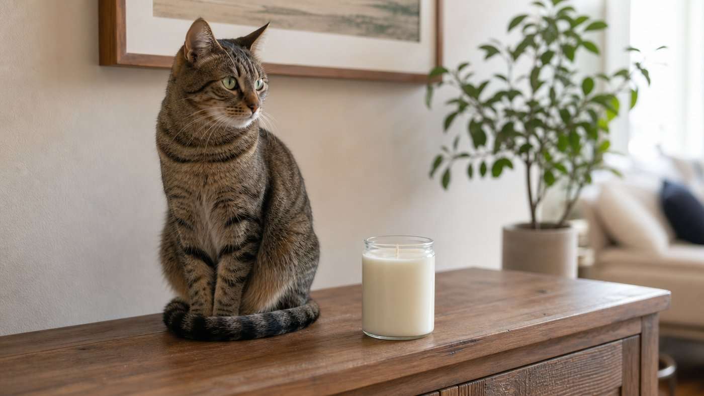A short-haired tabby cat sitting on a wooden console beside an unlit unbranded jar candle with a smooth level wax surface in soft afternoon daylight