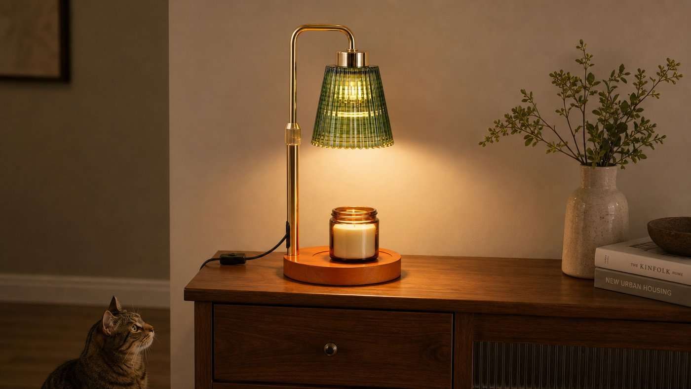 Forest green ribbed glass GODONLIF candle warmer lamp with a gold pole and cherry-stained round wood base on a console, lit over an open jar of smooth unburnt wax, with a tabby cat sitting on the floor below