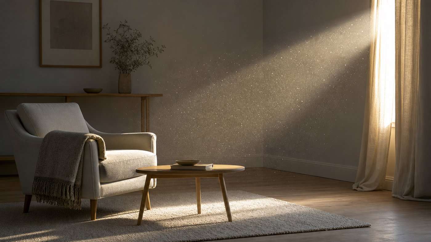 Late afternoon sunbeam crossing a living room with visible dust and fine particles suspended in the air above an empty armchair and a folded blanket
