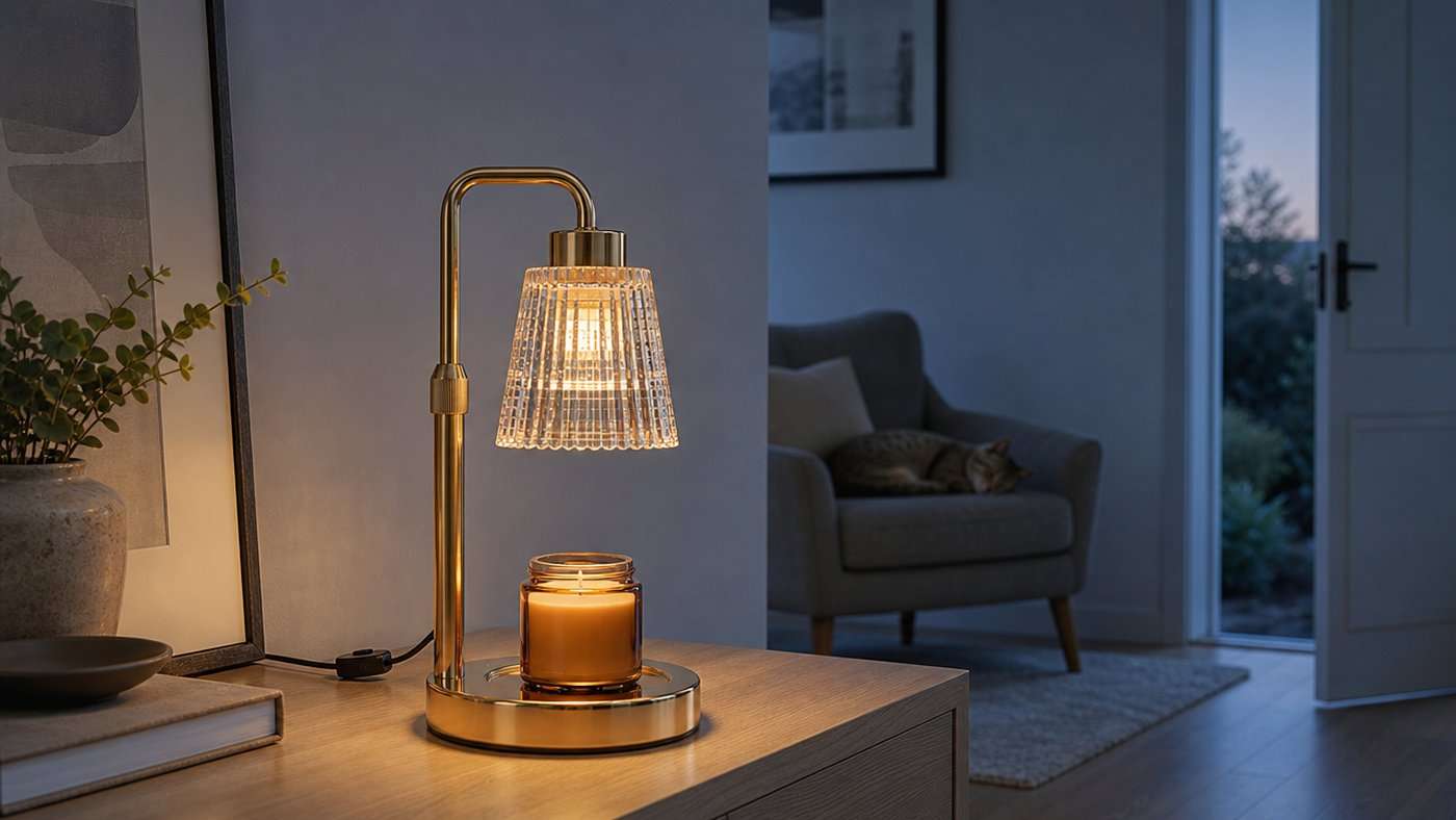 All-gold GODONLIF candle warmer lamp with a clear ribbed glass shade and round polished gold base on a sideboard beside an open doorway, lit over an open jar of smooth unburnt wax, with a cat asleep on a chair across the room