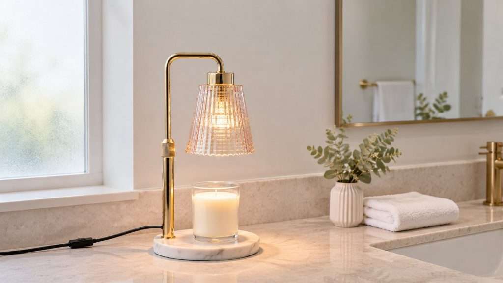 Champagne-tinted ribbed glass GODONLIF candle warmer lamp with a gold pole on a white marble base, standing on a dry bathroom shelf beside a folded towel, lit over an open jar of smooth unburnt wax