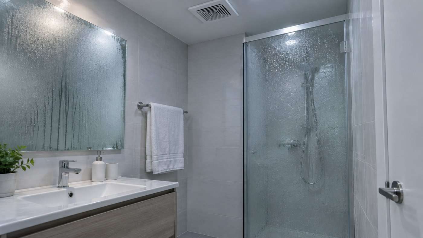 A small bathroom just after a shower with a fogged mirror, a folded towel on a rail and the ceiling extractor vent visible, no candle in the room