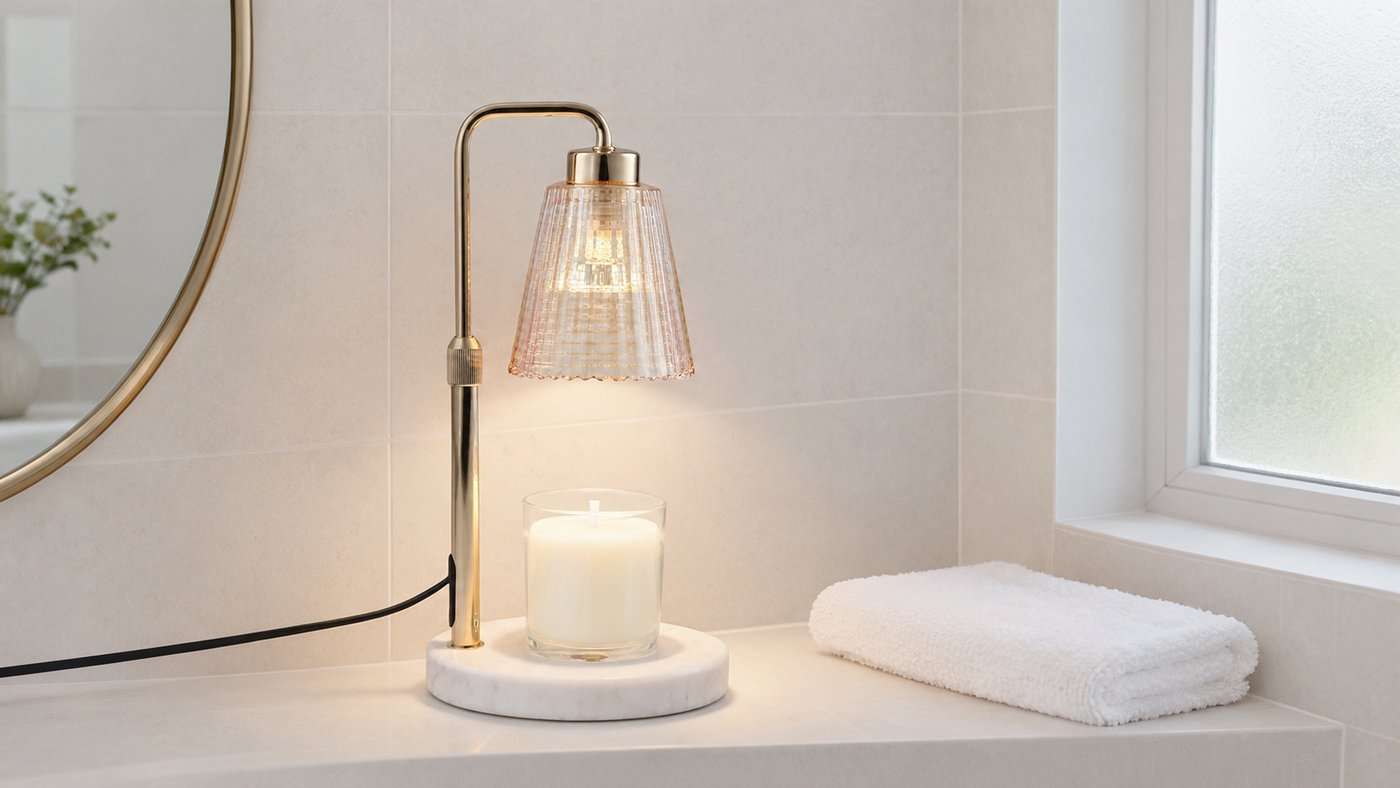 Champagne-tinted ribbed glass GODONLIF candle warmer lamp with a gold pole on a white marble base, standing on a bathroom shelf above a folded towel, lit over an open jar of smooth unburnt wax
