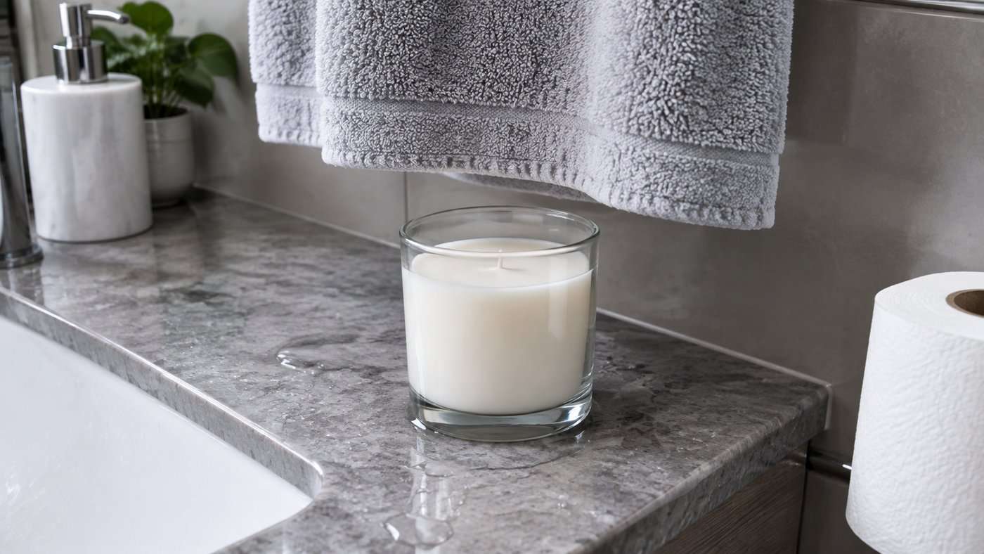 An unlit plain glass jar candle standing on the wet edge of a bathroom vanity with a hanging towel directly above it and a paper roll beside it