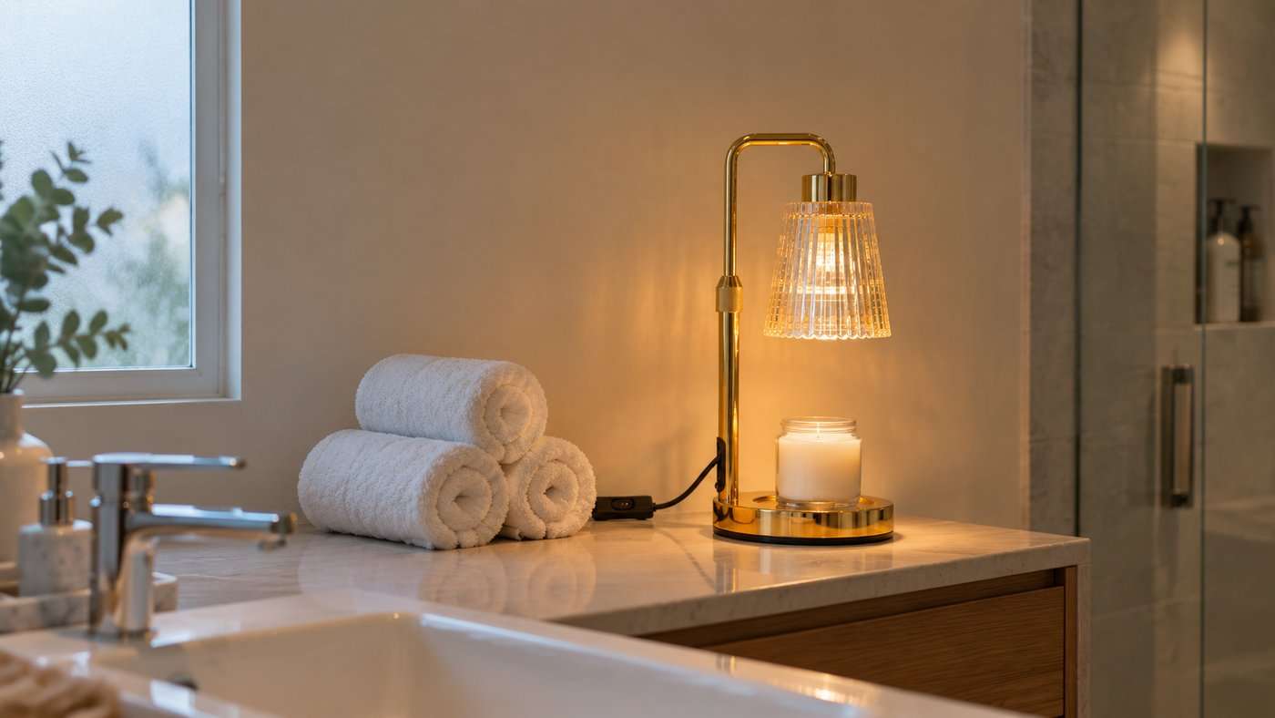 All-gold GODONLIF candle warmer lamp with a clear ribbed glass shade and round polished gold base on a wide bathroom shelf beside rolled towels, lit over an open jar of smooth unburnt wax