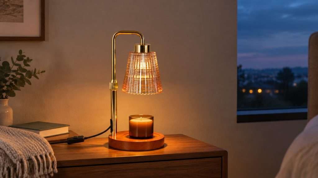 Amber ribbed glass GODONLIF candle warmer lamp with a gold pole and round cherry-stained wood base on a bedroom dresser at dusk, lit over an open jar of smooth unburnt wax
