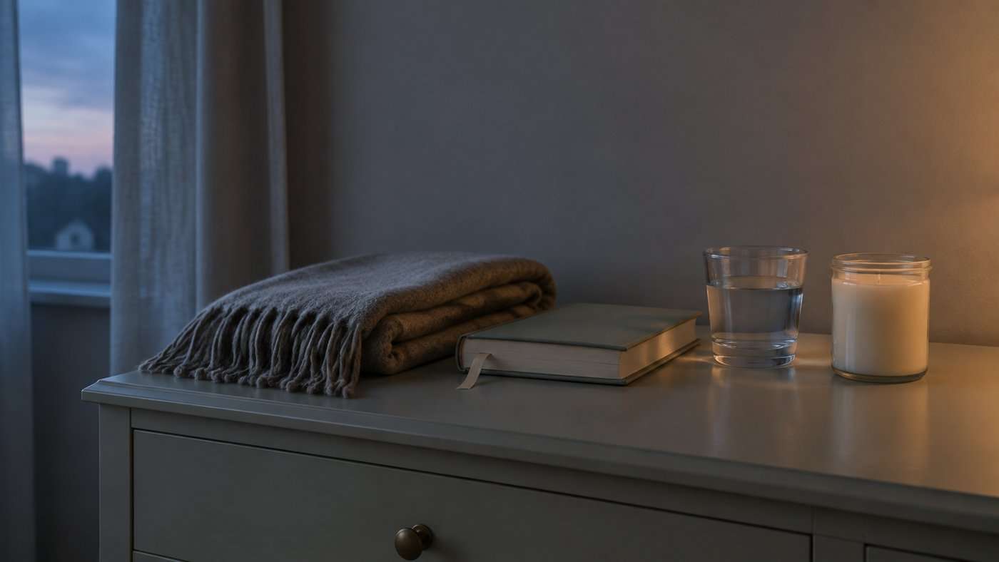 A dim bedroom at dusk with a folded blanket, a closed book and an unlit plain glass jar candle with a flat unburnt wax surface