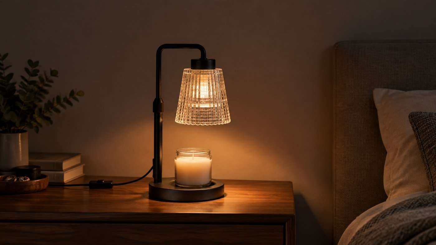 Matte black GODONLIF candle warmer lamp with a clear ribbed glass shade on a bedroom dresser, lit over an open jar of unburnt wax