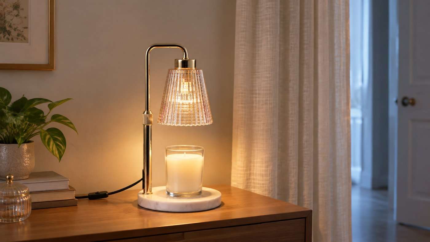 Champagne pink GODONLIF candle warmer lamp with a gold pole and white marble base on a bedroom console, lit over an open jar of unburnt wax