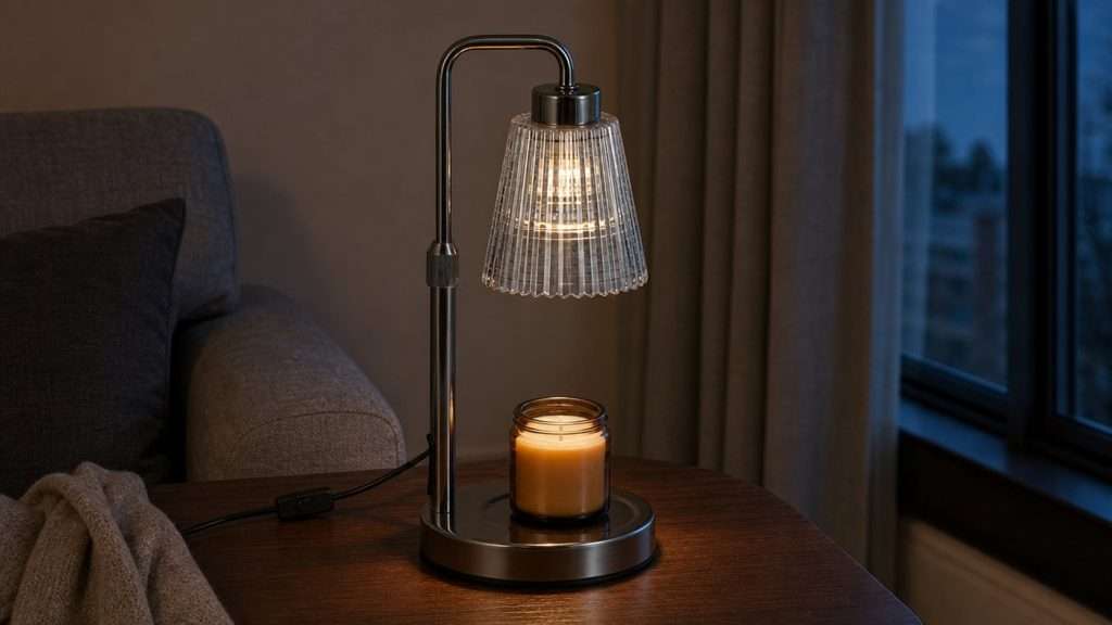 Gunmetal GODONLIF candle warmer lamp with a clear ribbed glass shade on a dark side table in a closed, dim living room, lit over an open jar of smooth unburnt wax