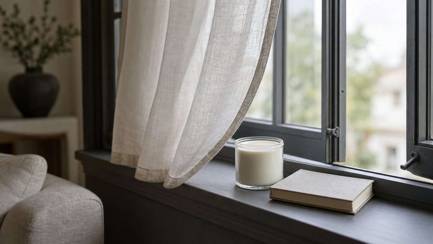 A single unbranded jar candle burning on a windowsill in a small living room at dusk, with the window closed and the room otherwise dark
