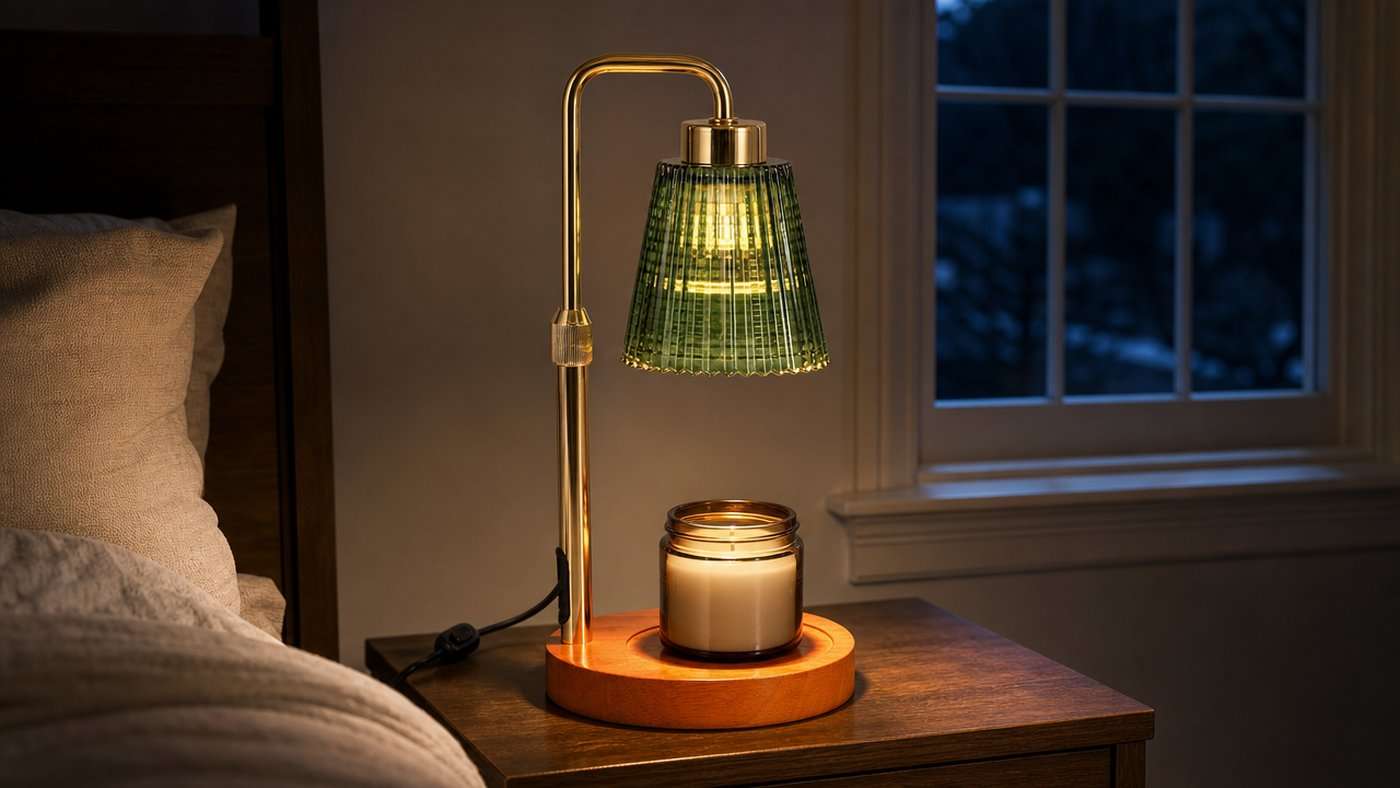 Deep green ribbed-glass GODONLIF candle warmer lamp with a gold pole and cherry-stained wood base on a bedroom nightstand, lit over an open jar of smooth unburnt wax beside a closed window