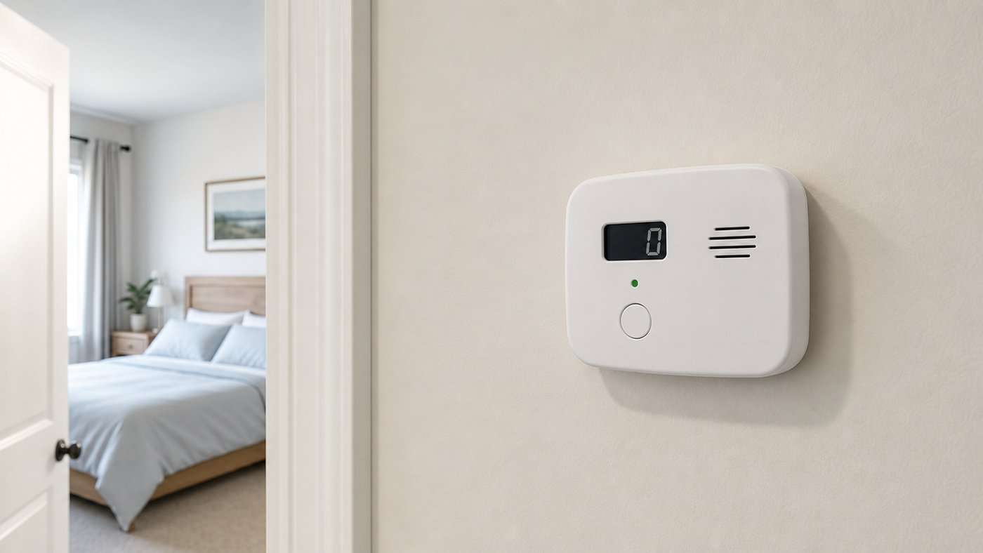 A plain white carbon monoxide alarm mounted on a hallway wall outside a bedroom door, with a digital readout showing zero