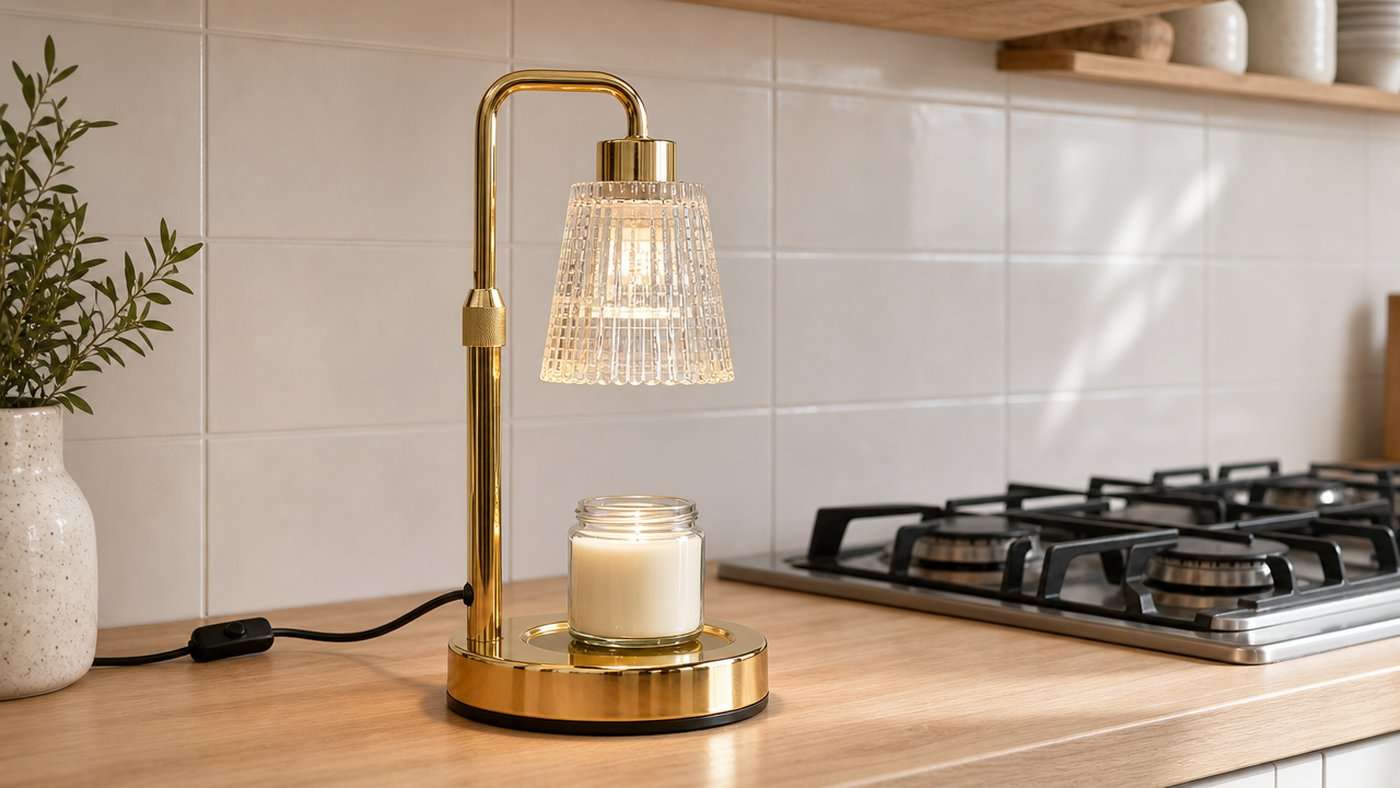 All-gold GODONLIF candle warmer lamp with a clear ribbed glass shade on an open kitchen shelf beside a gas hob, lit over an open jar of smooth unburnt wax