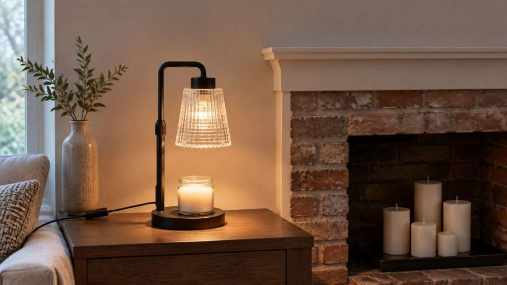 Matte black GODONLIF candle warmer lamp with a clear ribbed glass shade on a dark oak console beside a disused brick fireplace, lit over an open jar of smooth unburnt wax