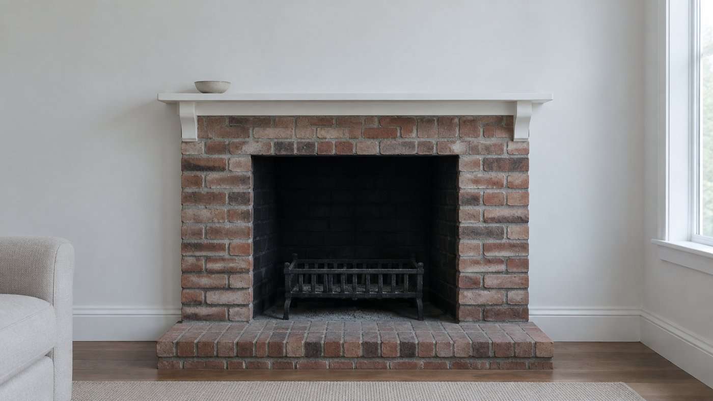 An empty brick firebox with a cold grate and nothing inside it, seen straight on in a quiet living room with a plain painted mantel above