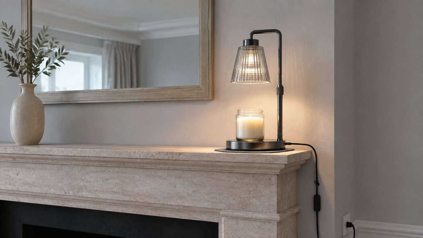 Gunmetal GODONLIF candle warmer lamp with a smoked ribbed glass shade standing at one end of a stone mantel shelf, its cord running down the side of the chimney breast to a wall outlet