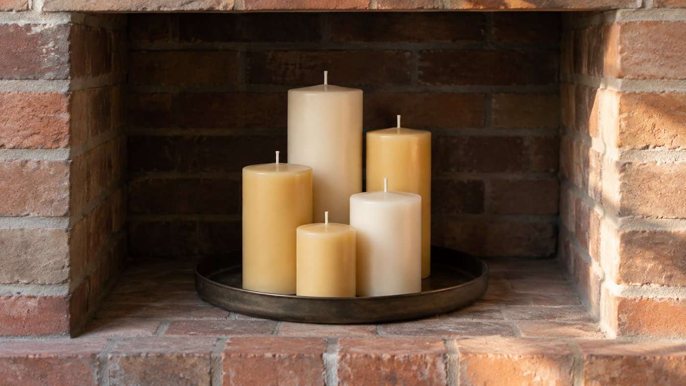 A group of unlit cream pillar candles at three heights standing on a dark metal tray inside a brick firebox, with clean untouched wicks and no flame