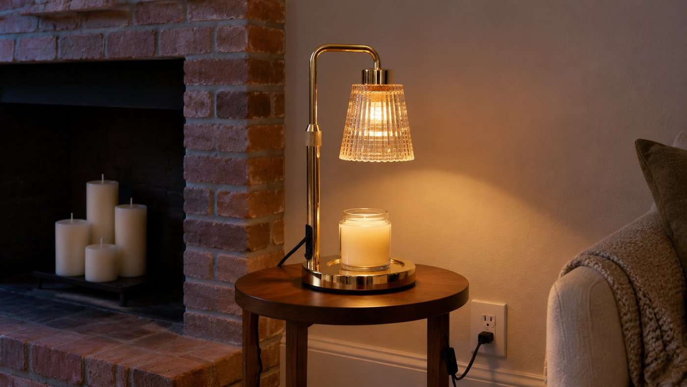 Polished gold GODONLIF candle warmer lamp with a clear ribbed glass shade on a small side table beside a fireplace, plugged into a wall outlet, with unlit pillar candles grouped in the firebox behind