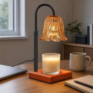 GODONLIF classic black candle warmer lamp with tulip glass shade on an office desk