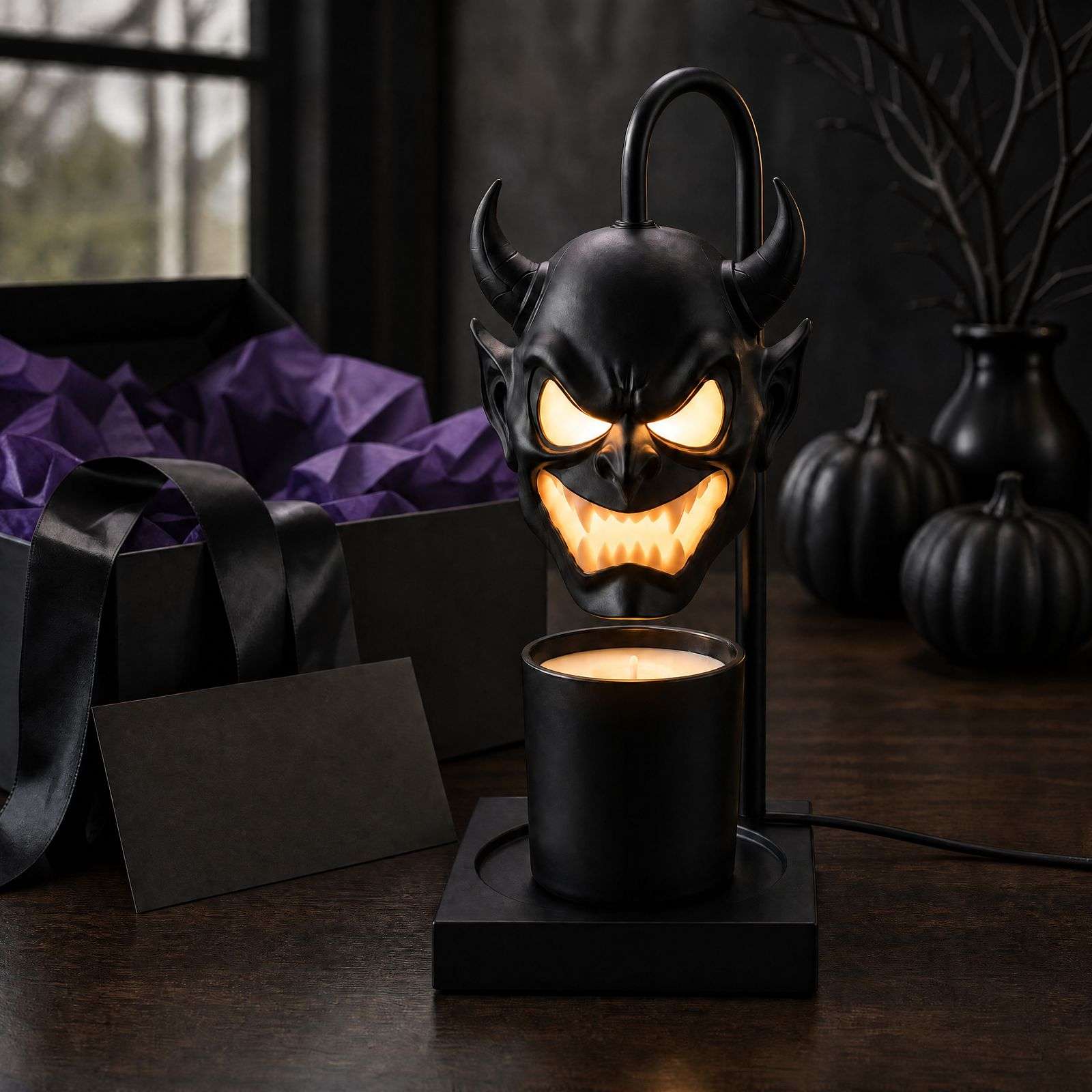 The demon head lamp lit beside a gift box with purple tissue and matte black pumpkins