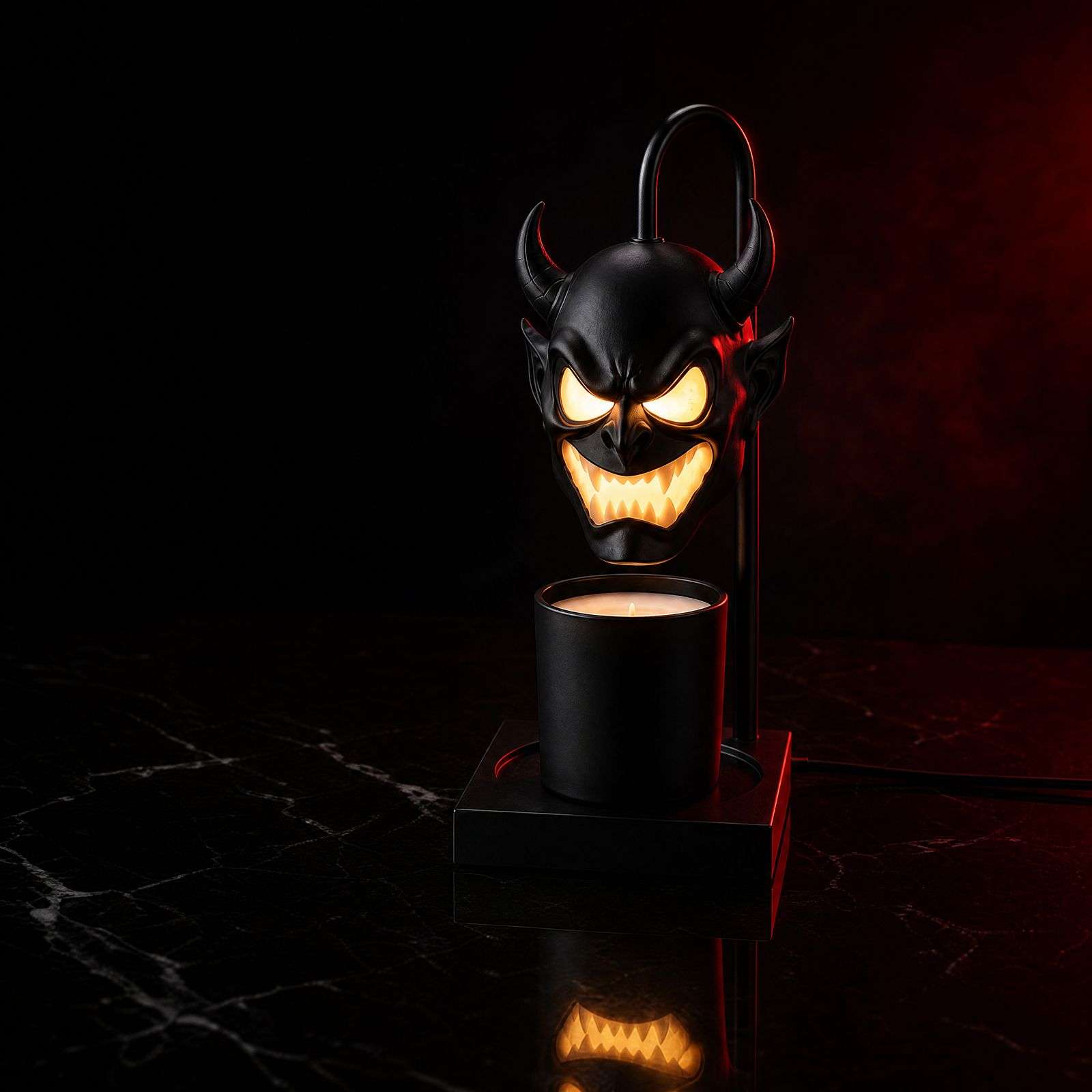 Dark studio shot of the demon head lamp glowing above black marble with a red rim light