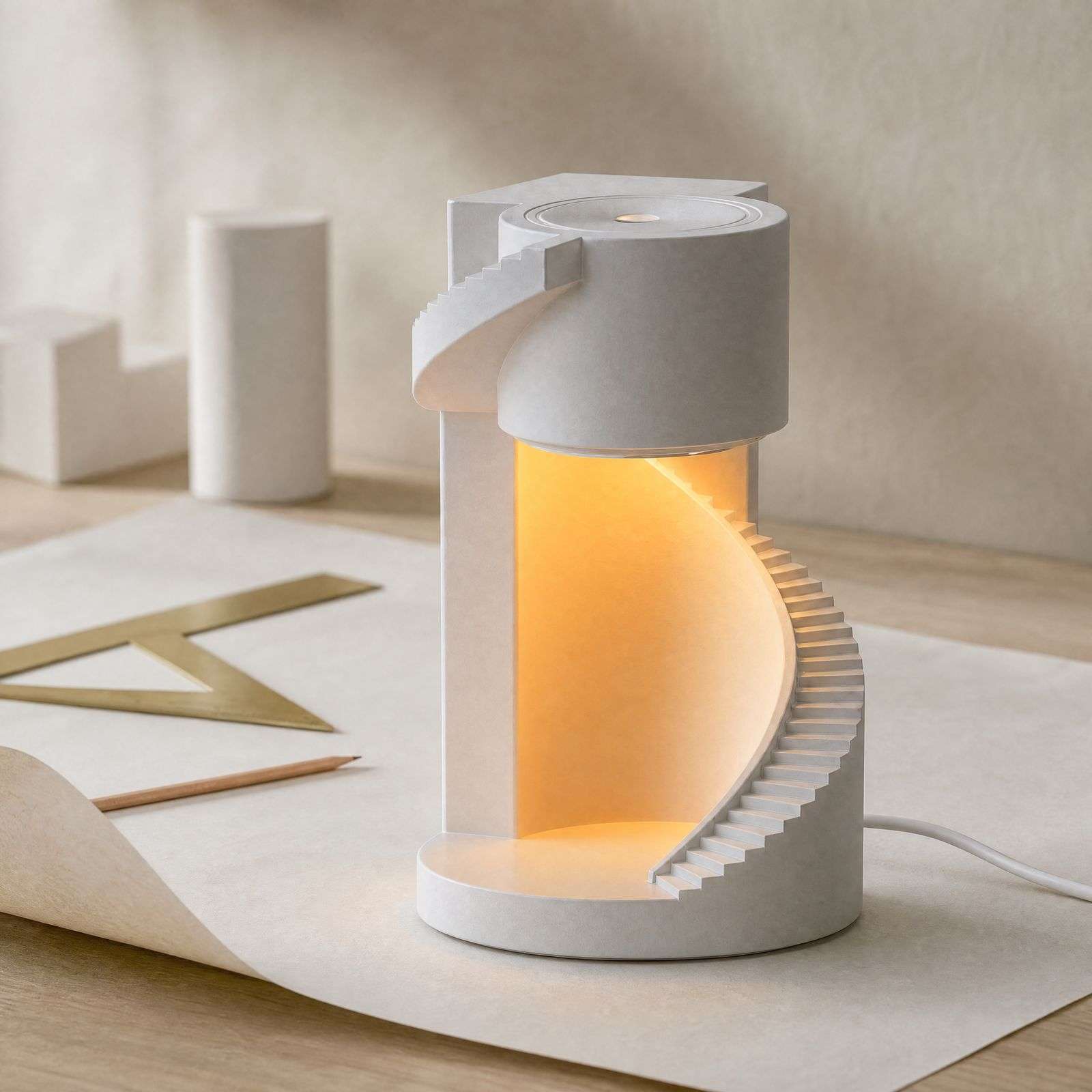 White spiral staircase lamp glowing from inside on a wood desk with drafting paper, the GODONLIF plaster lamp
