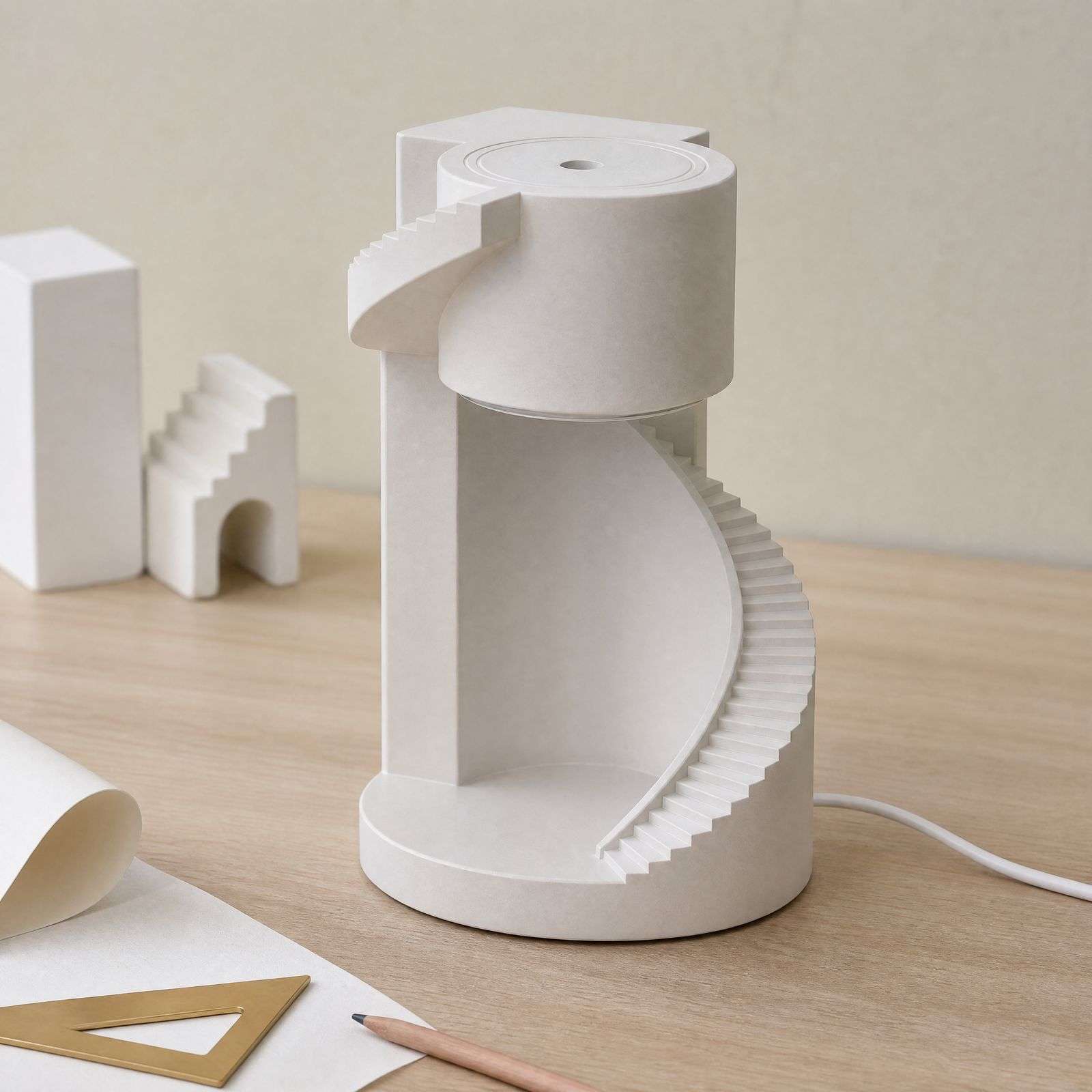 The spiral staircase lamp switched off in daylight, showing the matte plaster steps and curved shell
