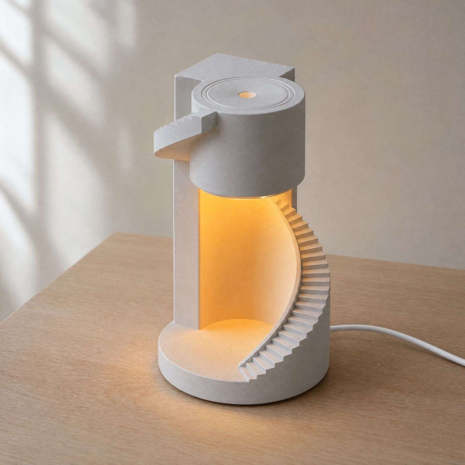 Studio angle on the spiral staircase lamp lit warm, a window shadow falling on the wall behind