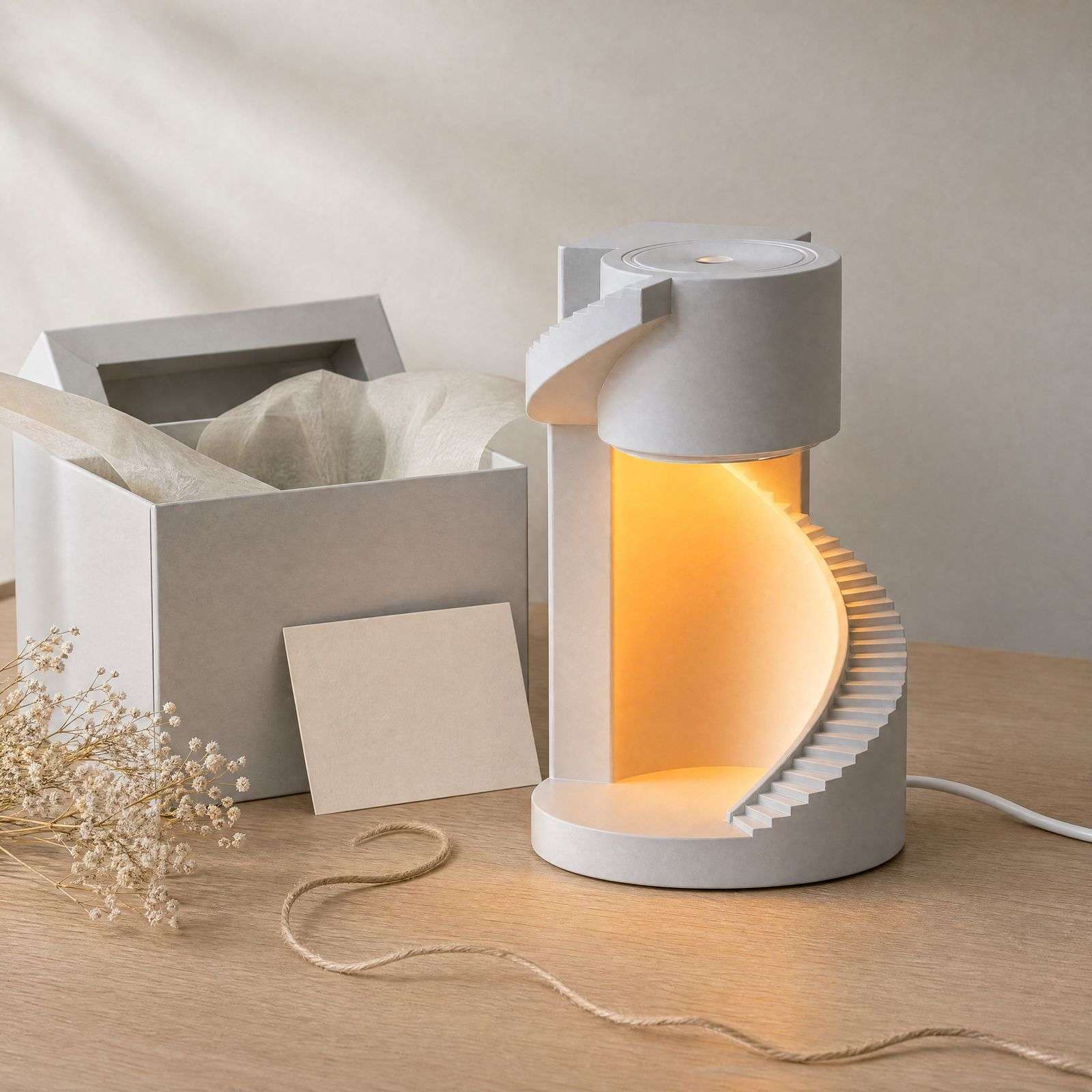 The staircase lamp glowing beside an open pale gift box, tissue and a sprig of gypsophila