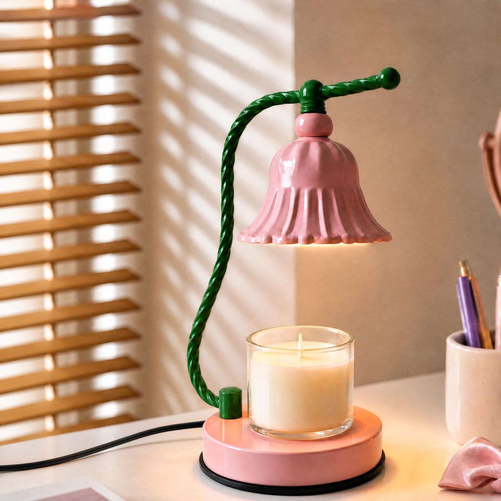 Glossy pink bell shade lit over a jar candle on a pink base with a green stem, the GODONLIF pink candle warmer lamp