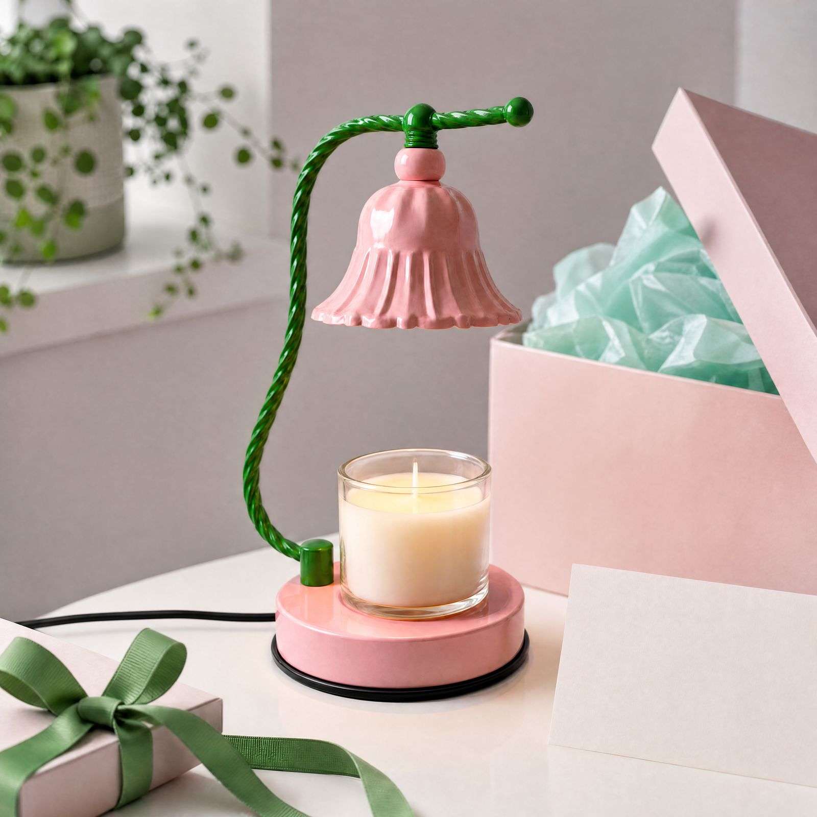 The pink bell lamp glowing beside a pink gift box with mint tissue and a green ribbon