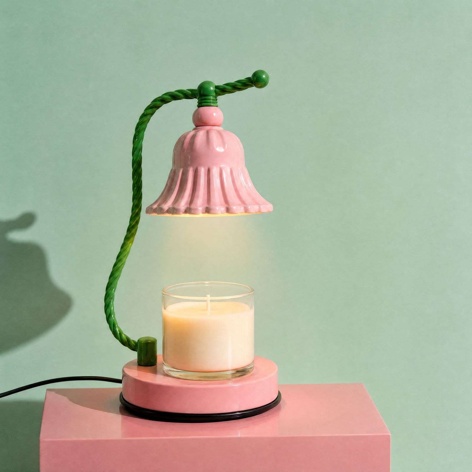 The pink bell lamp lit on a pink block against a mint green backdrop