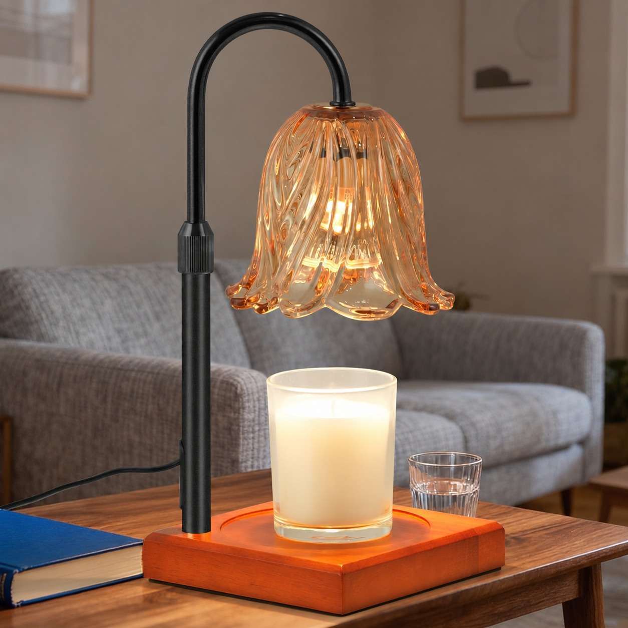 GODONLIF Classic candle warmer lamp in matte black with an amber petal glass shade on a square cherry wood base in a living room