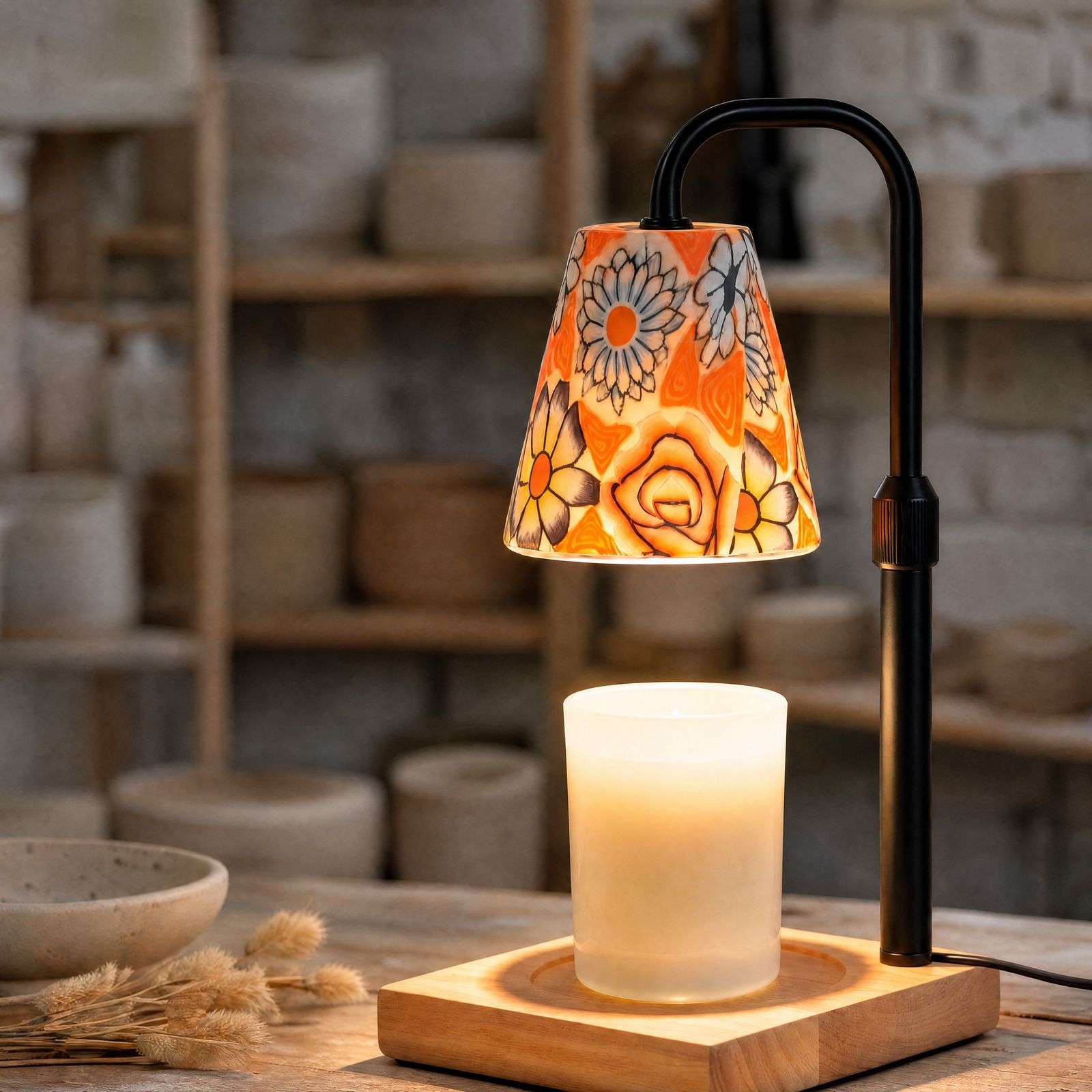 Lit hand-painted floral ceramic shade over a white jar candle on a wood base, GODONLIF ceramic candle warmer lamp