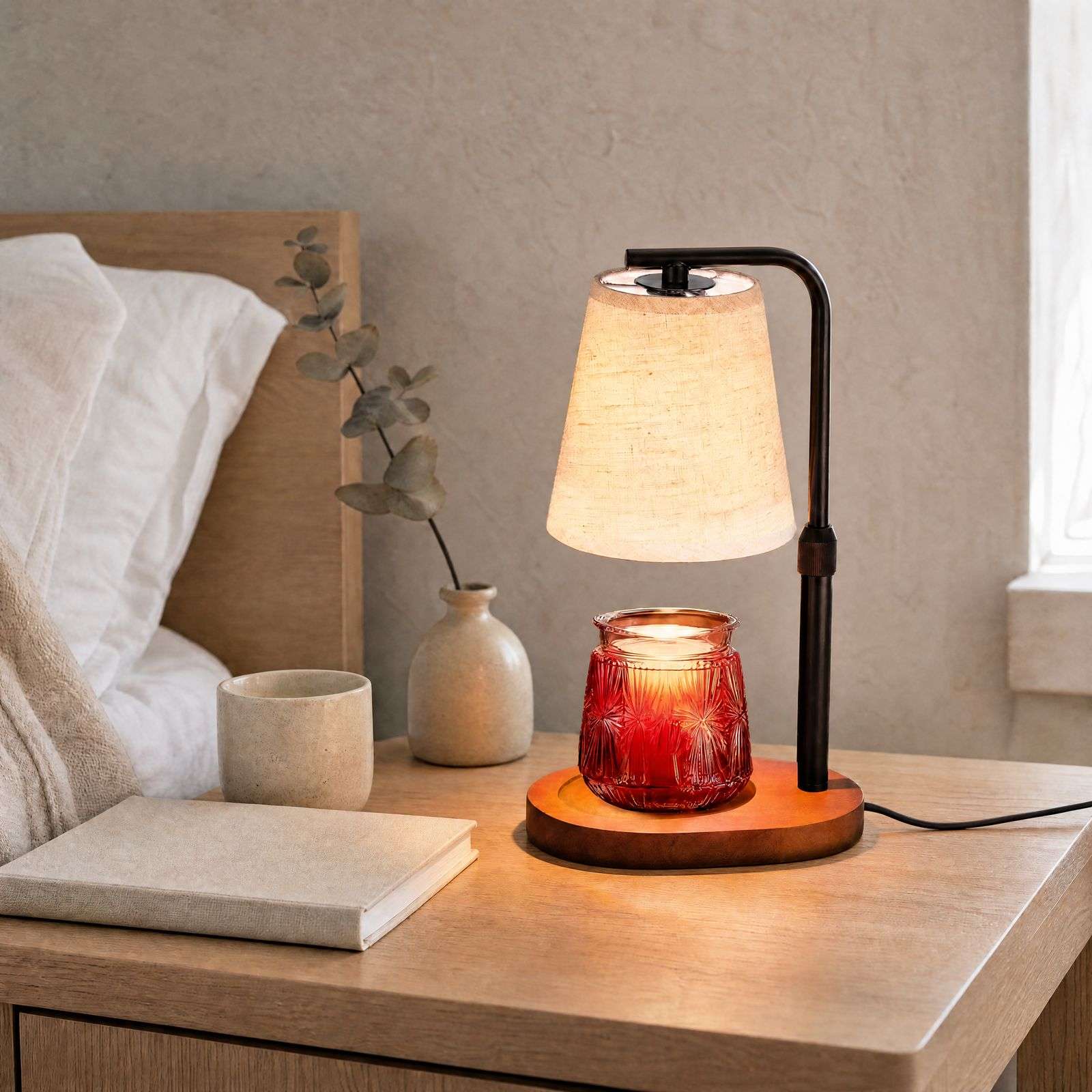 Lit on a bedside table beside a book, a ceramic cup and eucalyptus in a vase, a candle lamp with shade in use