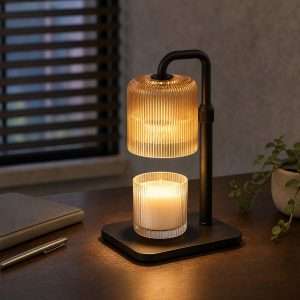 Ribbed amber glass shade lit over a jar candle on a black square base, the GODONLIF smart home fragrance device