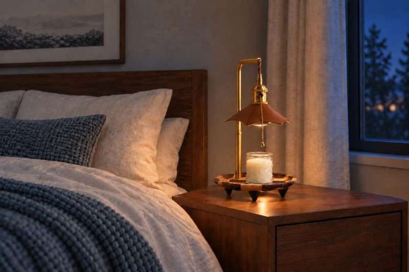 A leather-shade brass candle warmer lamp on an octagonal wood tray casts warm light over the bed at dusk
