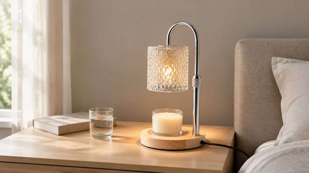 Cut crystal glass GODONLIF candle warmer lamp with a chrome hook arm and pale wood base at the back corner of a bedside table, lit over an open jar of unburnt wax
