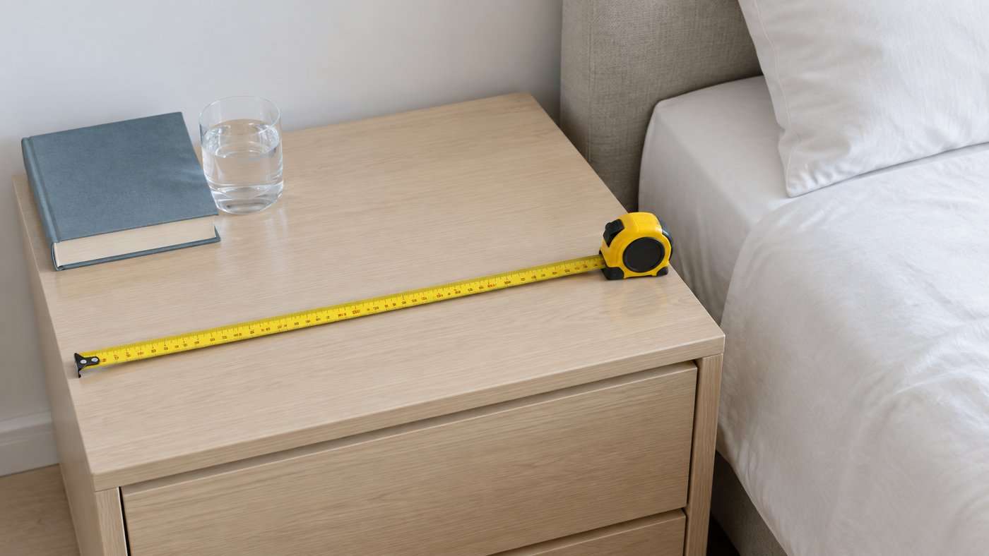 An extended metal tape measure lying across the bare top of a wooden bedside table beside a made bed, with a closed book and a glass of water pushed to one side