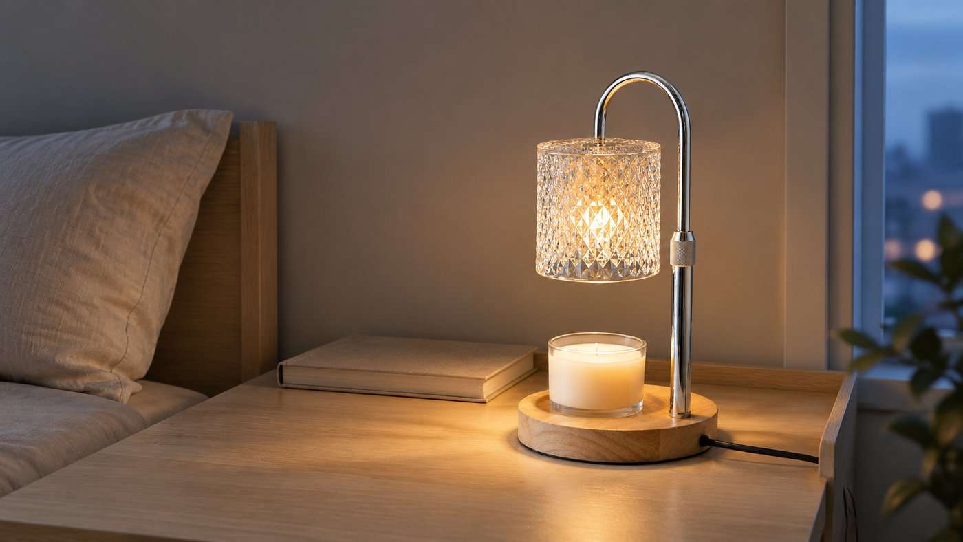 Cut crystal glass GODONLIF candle warmer lamp with a chrome hook arm and pale wood base standing at the back corner of a bedside table, lit over an open jar of smooth unburnt wax with the front of the table left clear