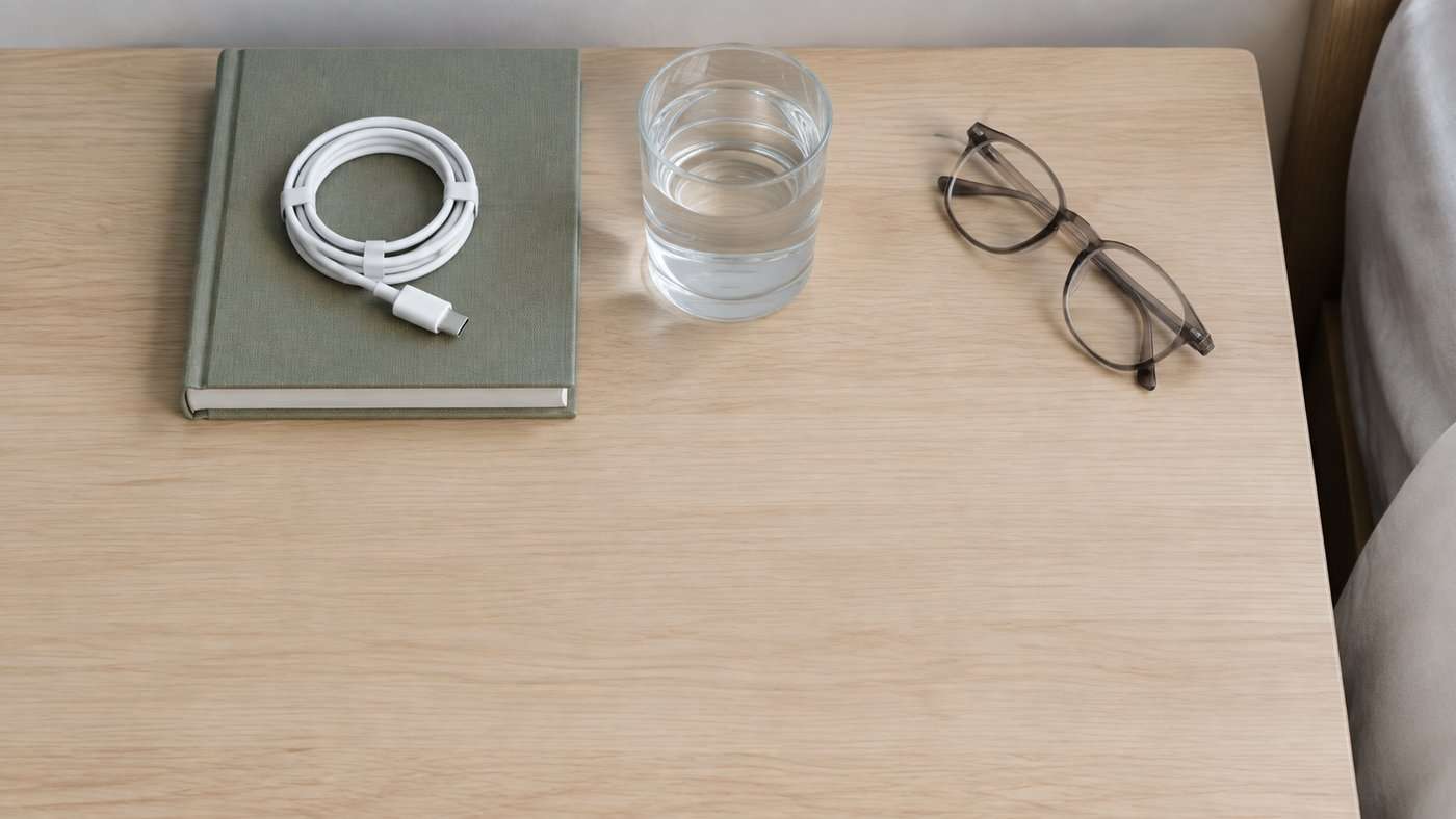 Overhead view of a tidy bedside tabletop holding a book, a glass of water, reading glasses and a coiled charging cable, with the front strip of the table left completely empty