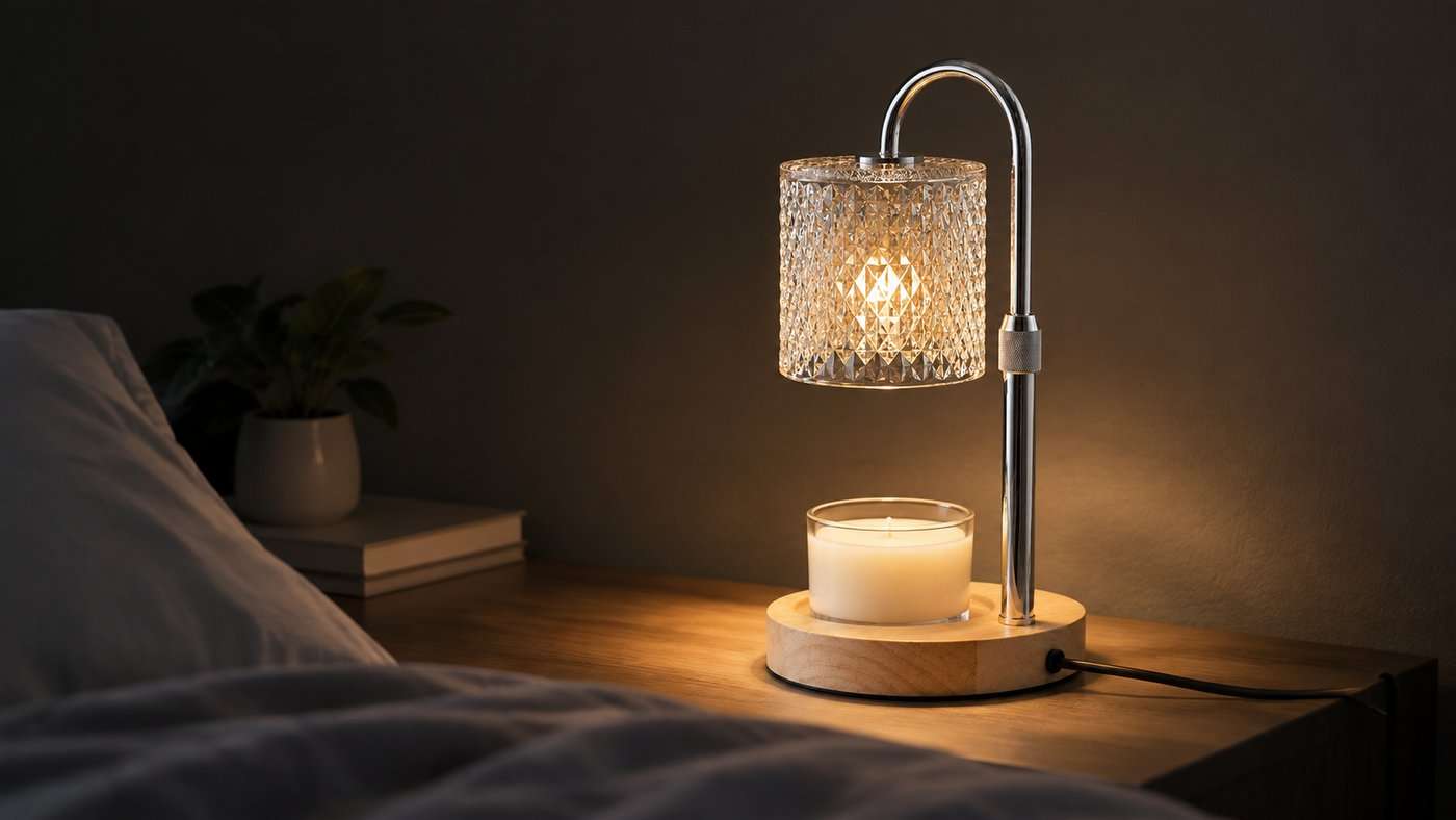 Low angle view of a cut crystal glass GODONLIF candle warmer lamp with a chrome hook arm on a low bedside table in a dark bedroom, its light falling on the tabletop and an open jar of unburnt wax