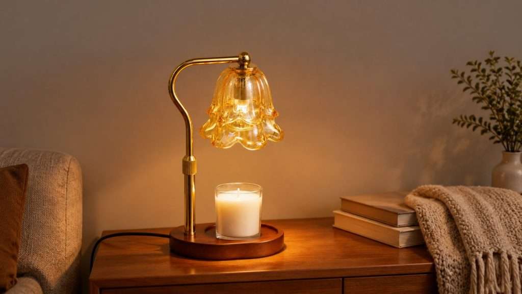 GODONLIF Camellia Floral candle warmer lamp with an amber glass flower shade on a gold S-arm and a cherry-brown wood base, lit over an open jar of unburnt wax on a living room sideboard